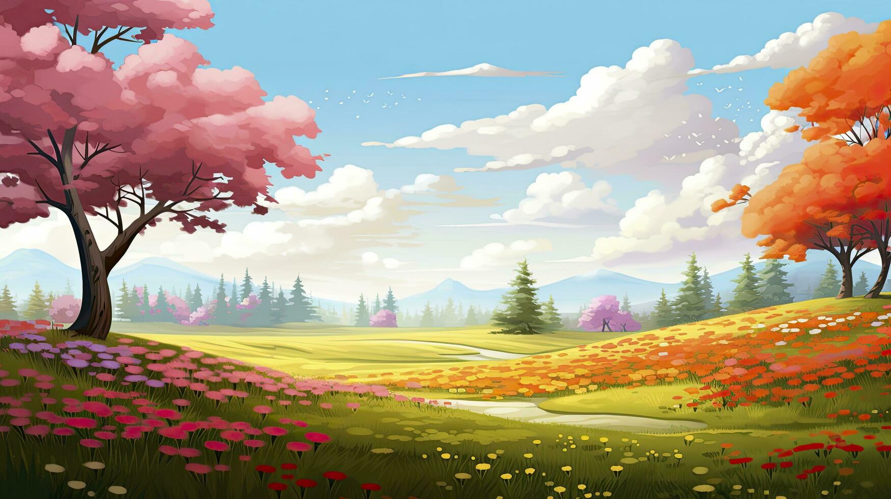 AI generated Spring season with colorful flowers and trees in a pretty meadow or field. AI Generated. photo