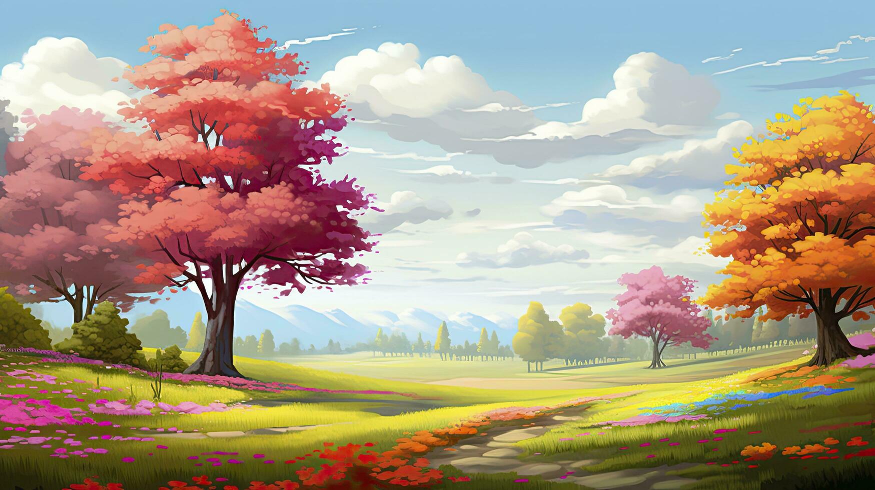 AI generated Spring season with colorful flowers and trees in a pretty meadow or field. AI Generated. photo