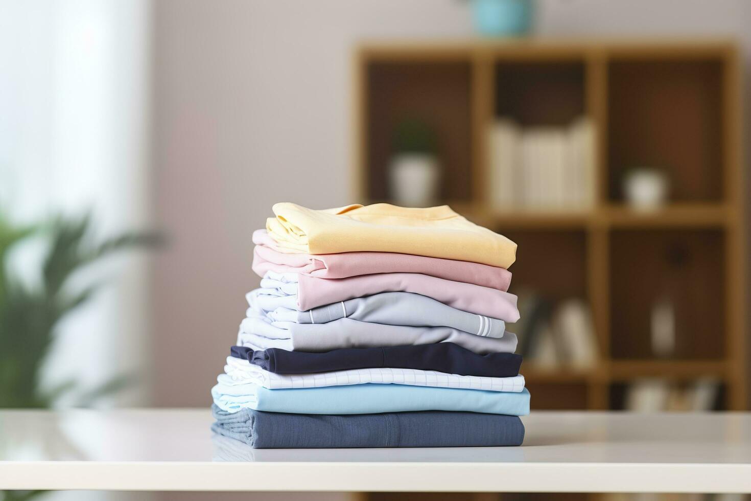 AI generated Stack of clean clothes on table in room. Generative AI photo