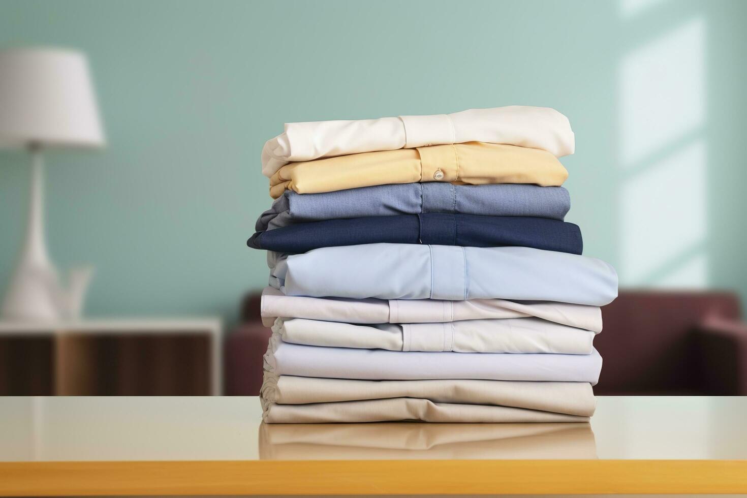 AI generated Stack of clean clothes on table in room. Generative AI photo