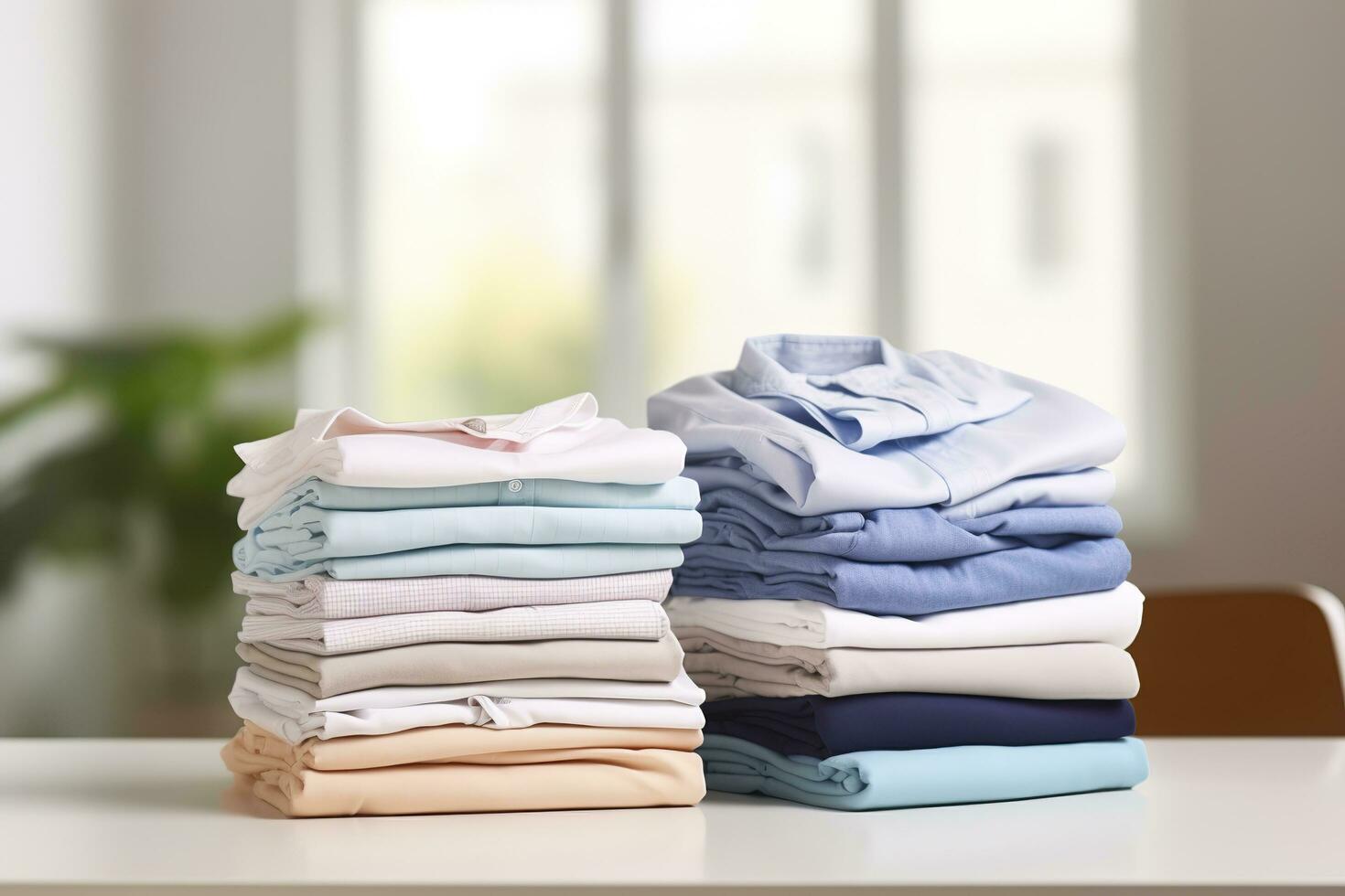 AI generated Stack of clean clothes on table in room. Generative AI photo