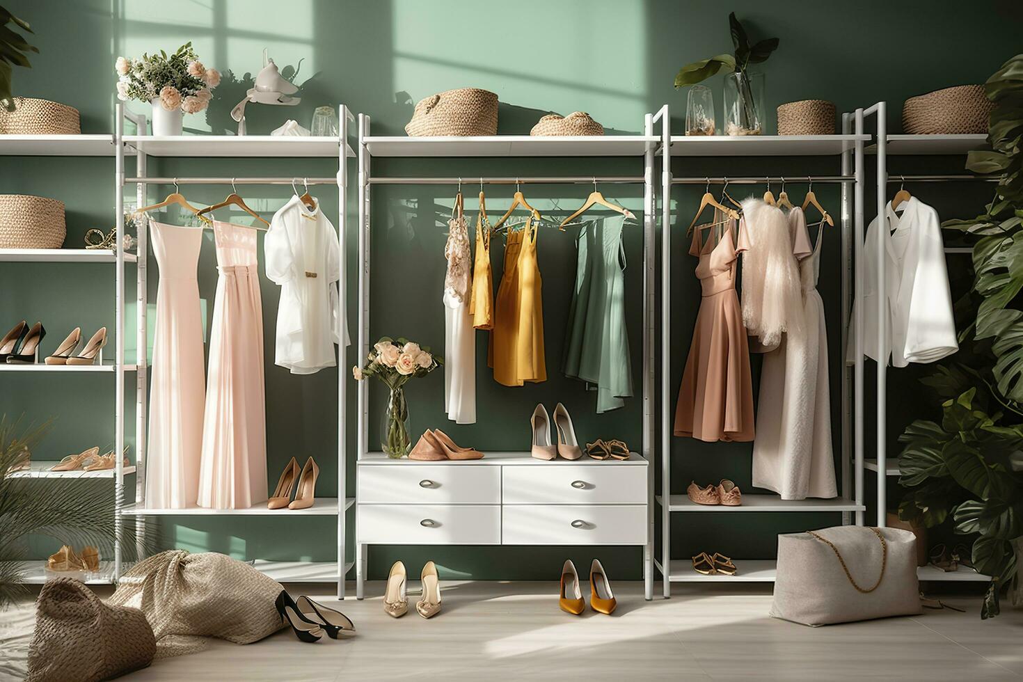 AI generated Stylish female clothes and shoes in a boutique. Generative AI photo