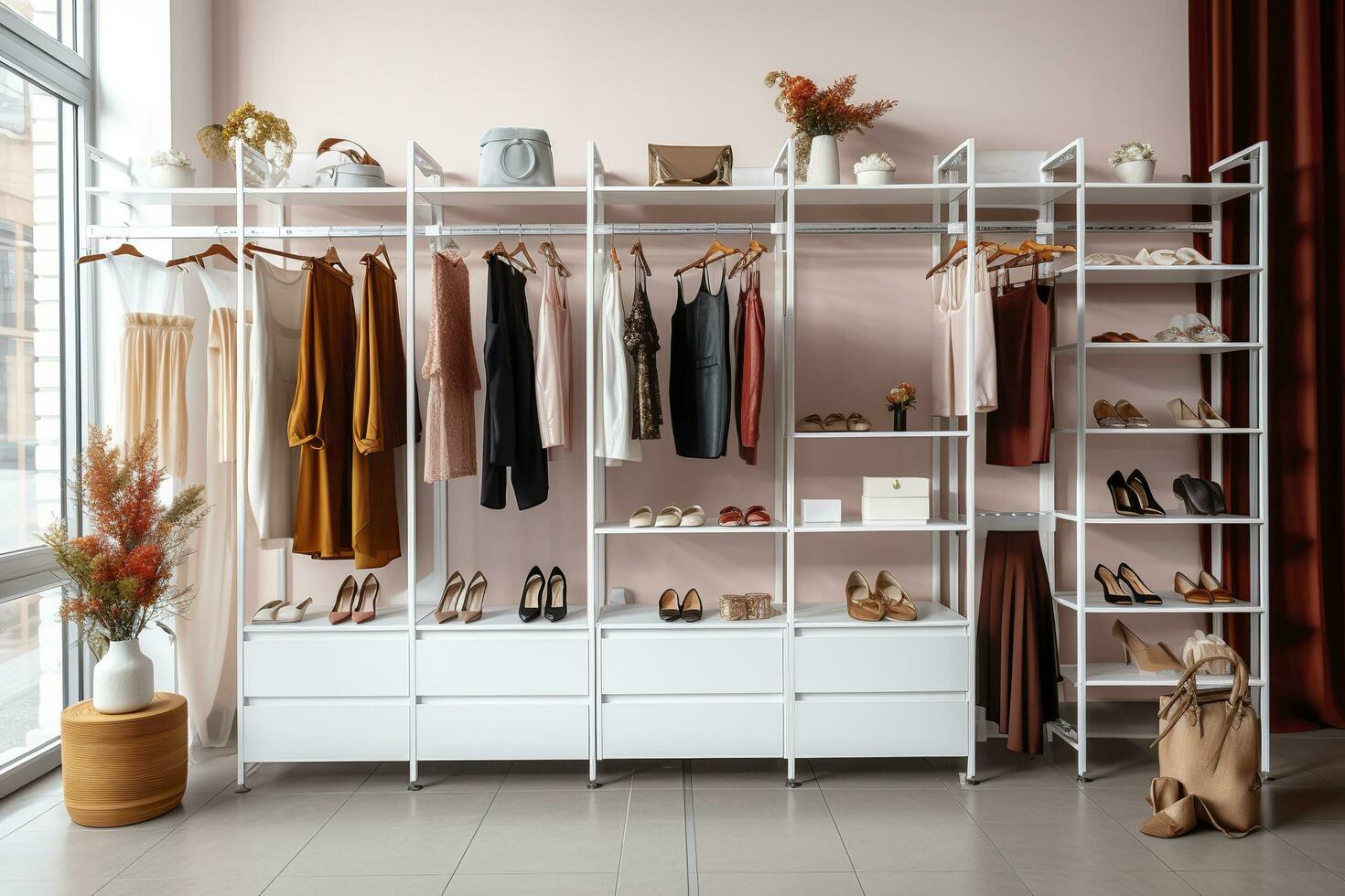 AI generated Stylish female clothes and shoes in a boutique. Generative AI photo
