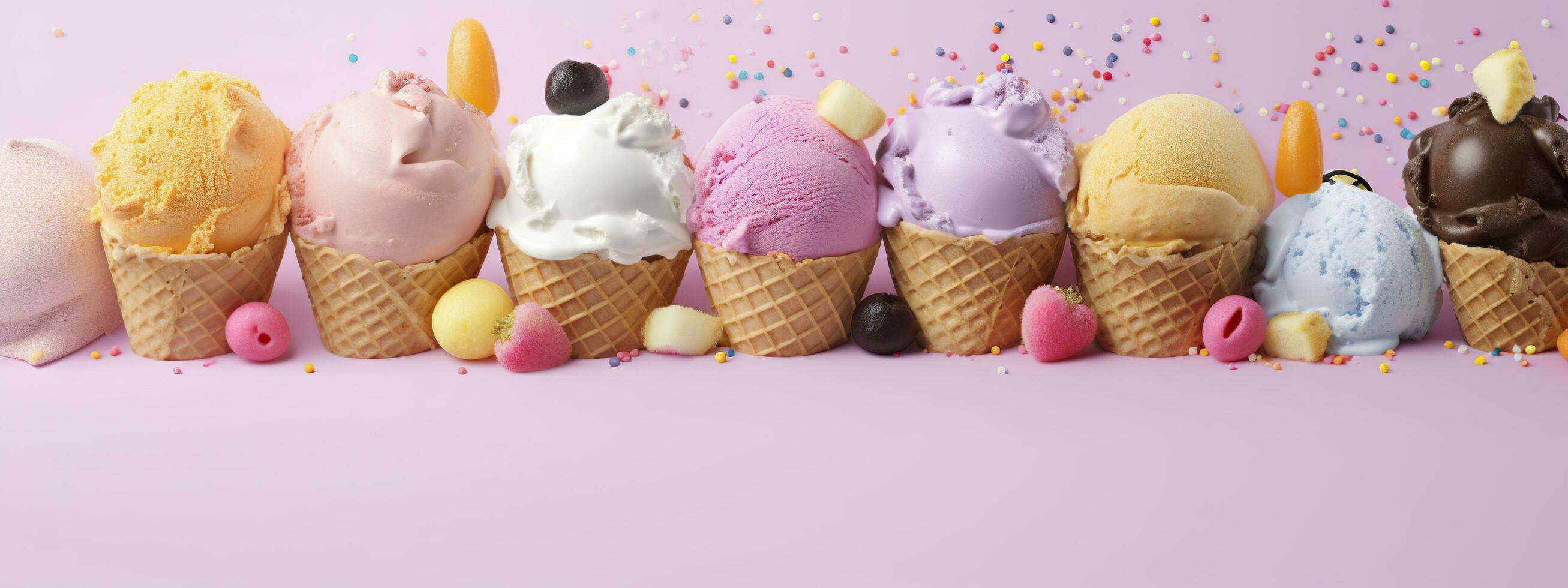 AI generated Banner with ice cream in a waffle cone on a summer day. Generative AI photo