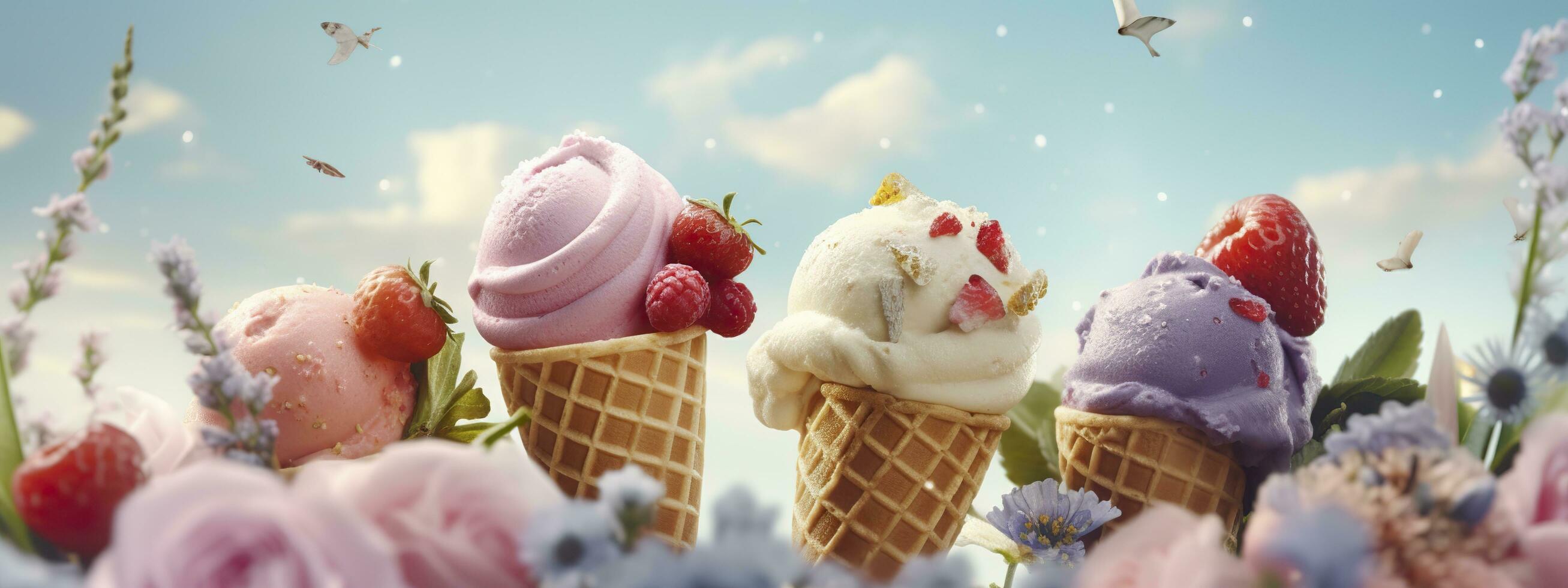 AI generated Banner with ice cream in a waffle cone on a summer day. Generative AI photo