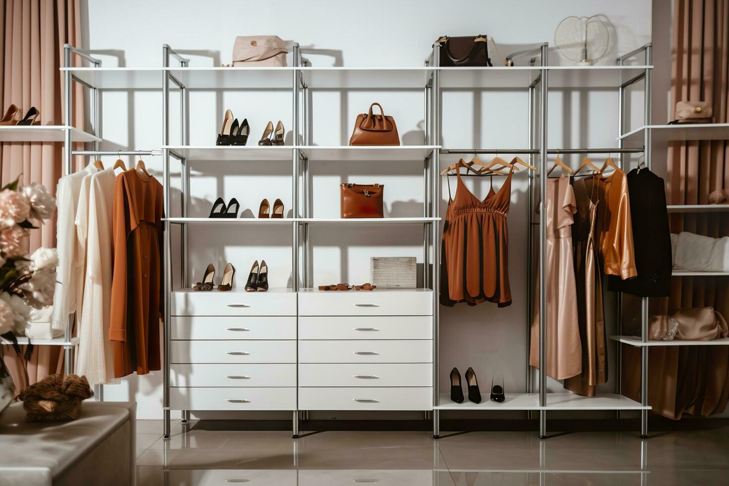 AI generated Stylish female clothes and shoes in a boutique. Generative AI photo