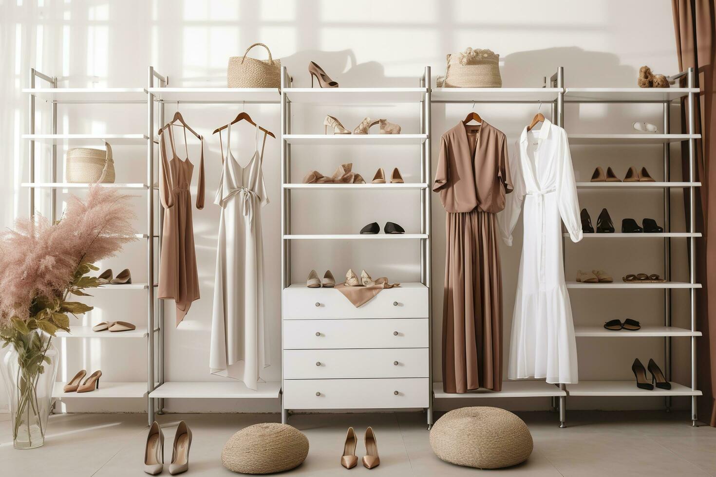 AI generated Stylish female clothes and shoes in a boutique. Generative AI photo
