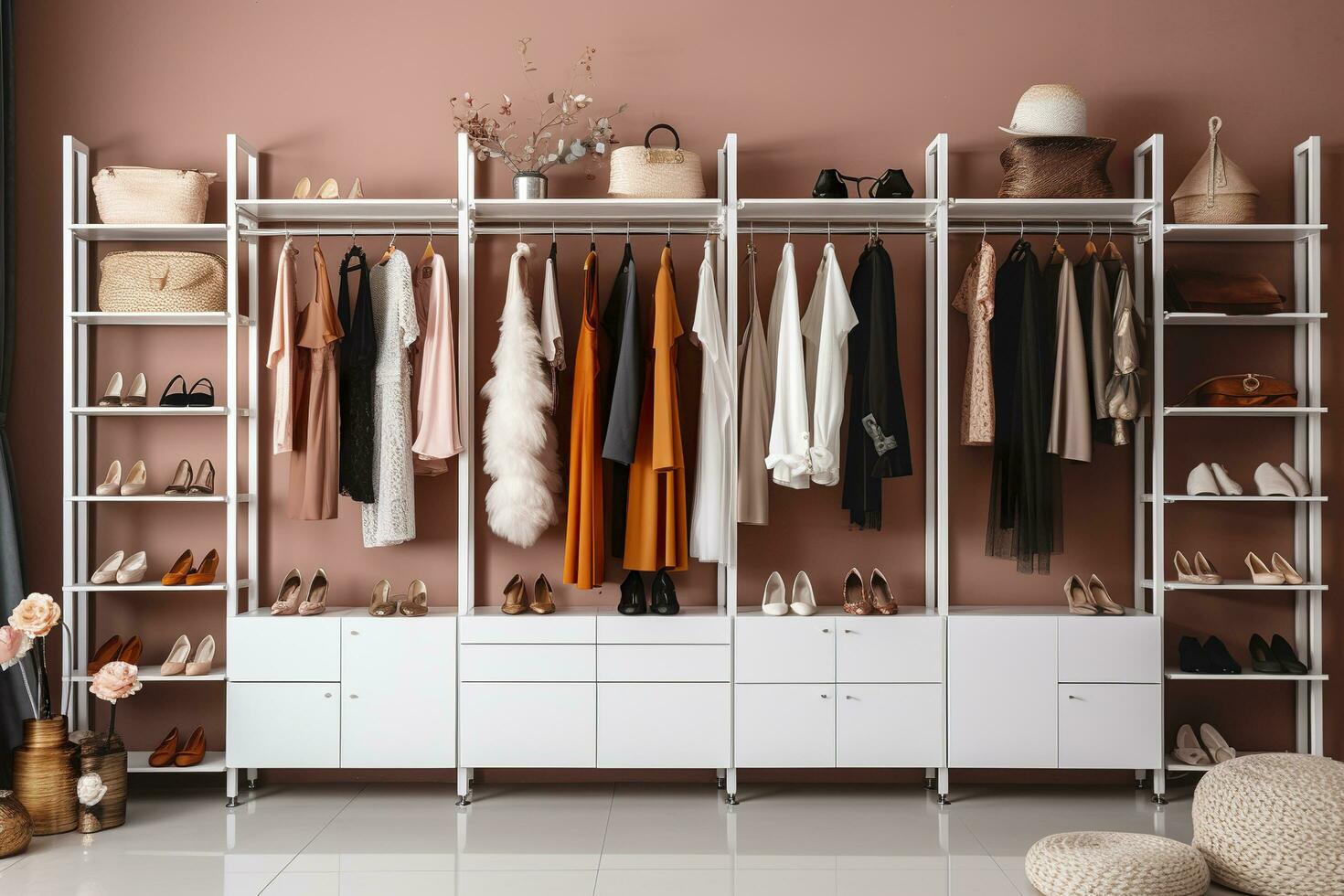 AI generated Stylish female clothes and shoes in a boutique. Generative AI photo