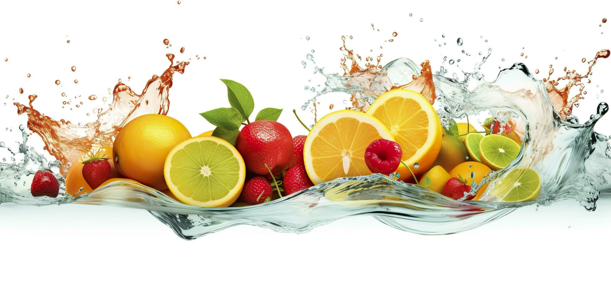 AI generated Swirl water splash with fruits. liquid flow with ice cubes and a mix of fresh fruits. Generative AI photo