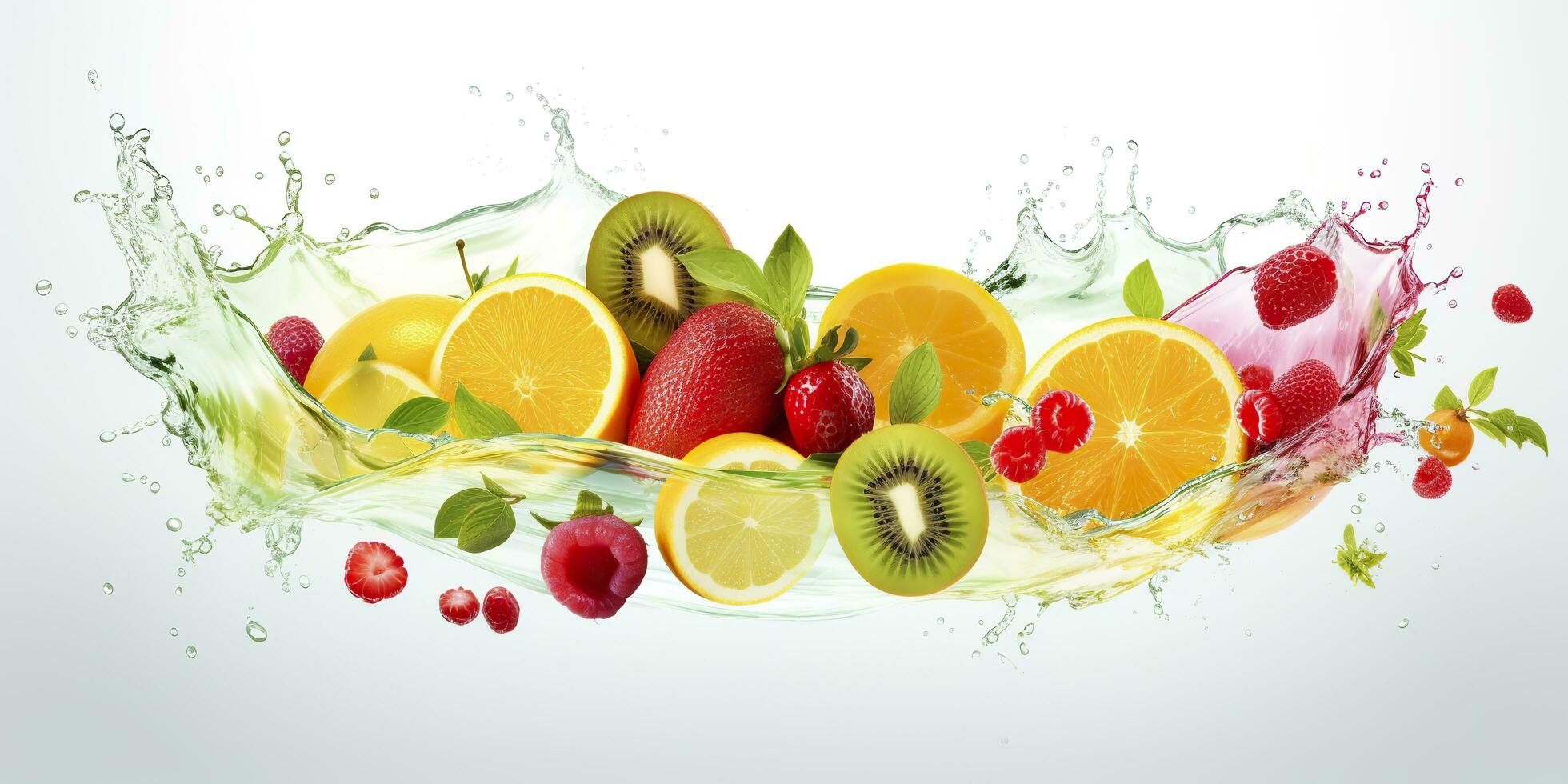AI generated Swirl water splash with fruits. liquid flow with ice cubes and a mix of fresh fruits. Generative AI photo