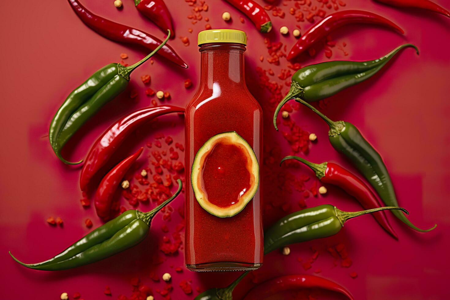 AI generated Tabasco hot pepper sauce with red chili pepper, flat lay. Generative AI photo