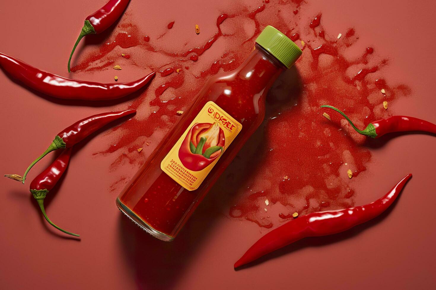 AI generated Tabasco hot pepper sauce with red chili pepper, flat lay. Generative AI photo