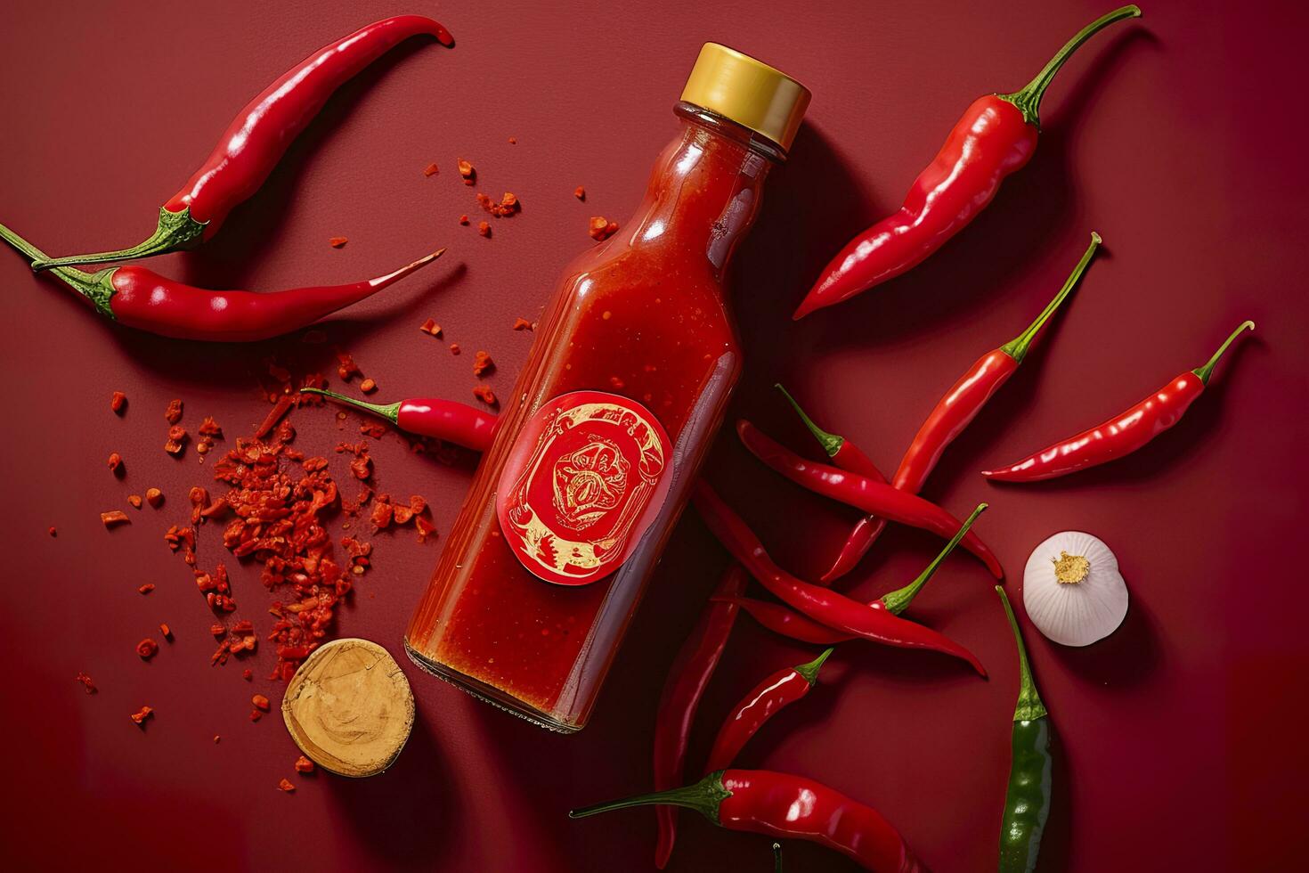 AI generated Tabasco hot pepper sauce with red chili pepper, flat lay. Generative AI photo