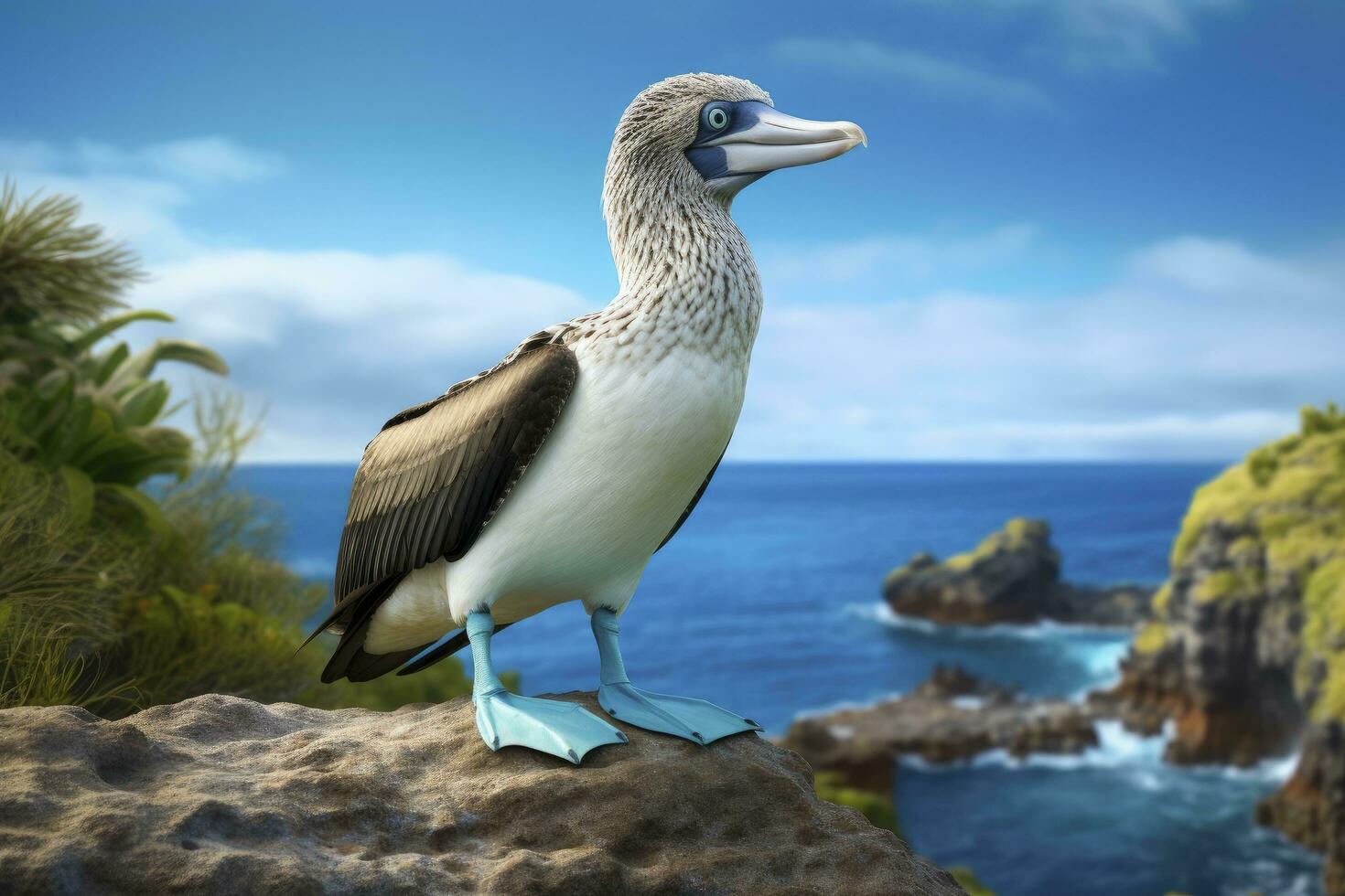 AI generated The rare blue-footed booby rests on the beach. AI Generated photo