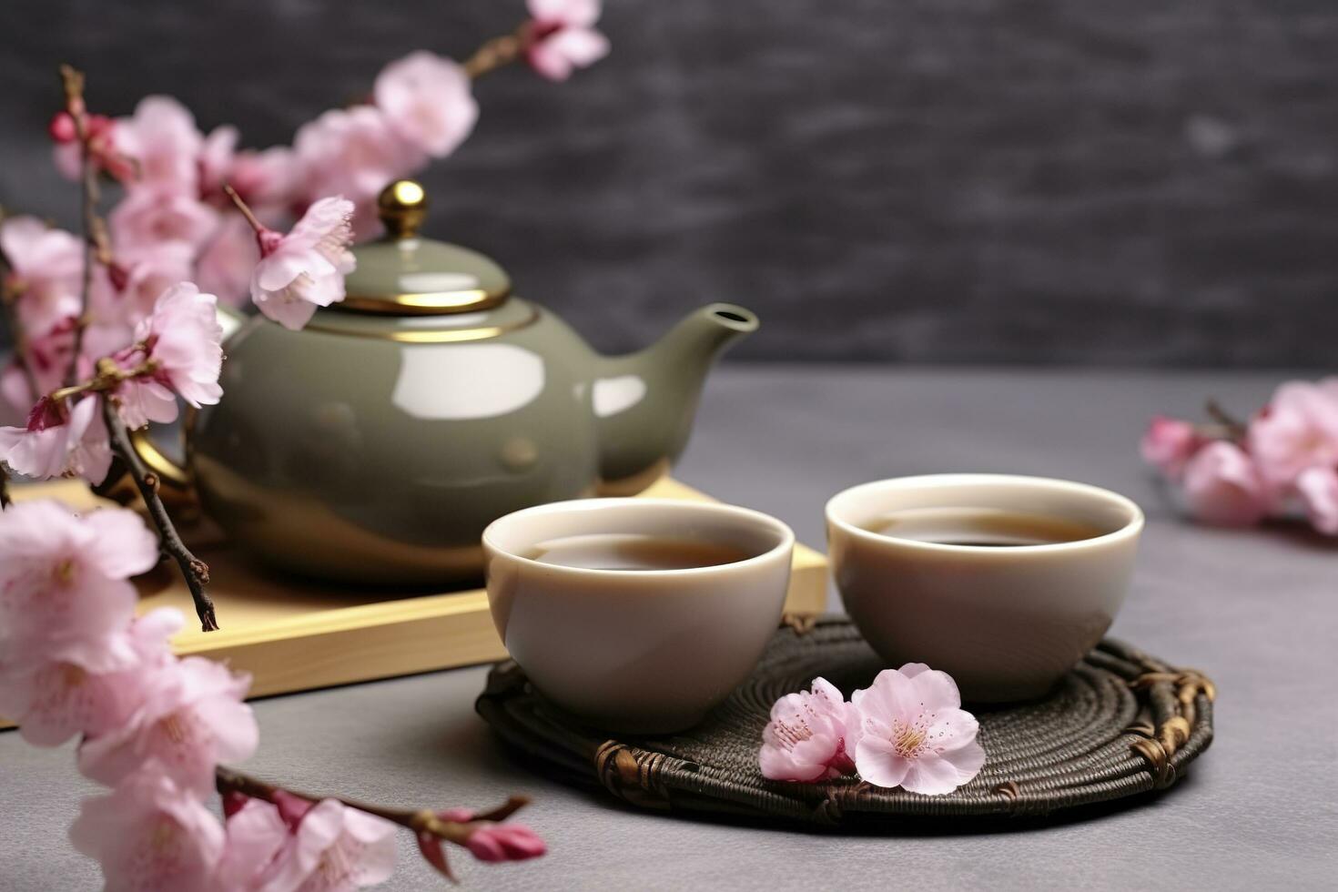 AI generated Traditional ceremony. Cups of brewed tea, teapot and sakura flowers on grey table. Generative AI photo