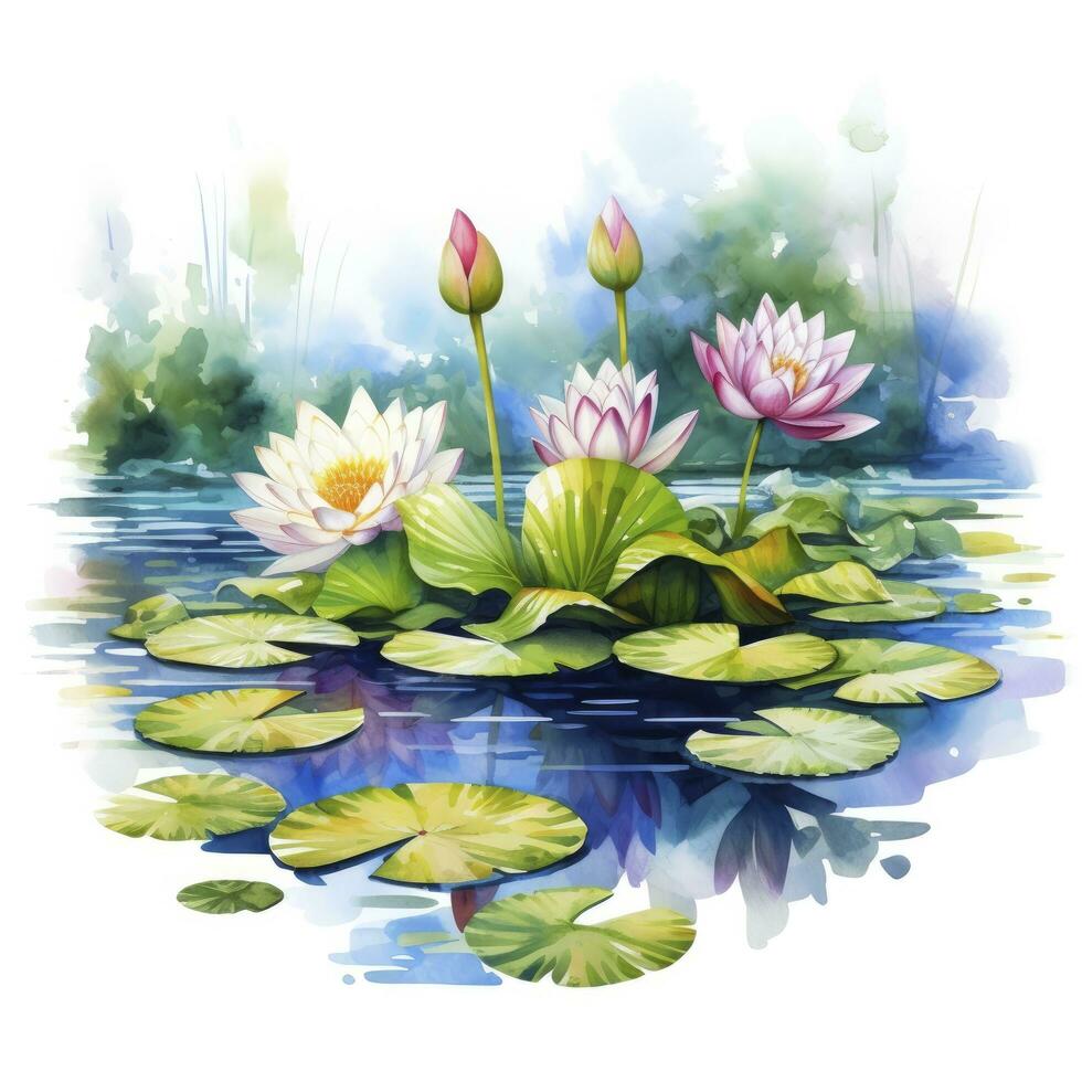 AI generated Water Lily in Pond. Watercolor design. AI Generated photo