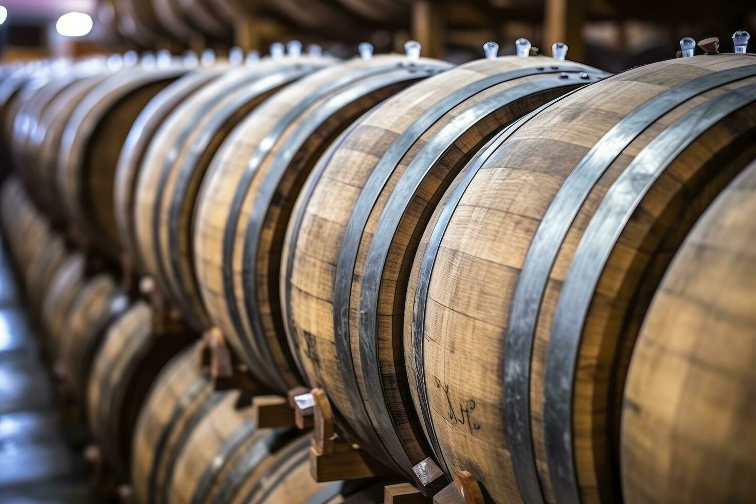 AI generated Wooden oak Port barrels in neat rows. AI Generated photo