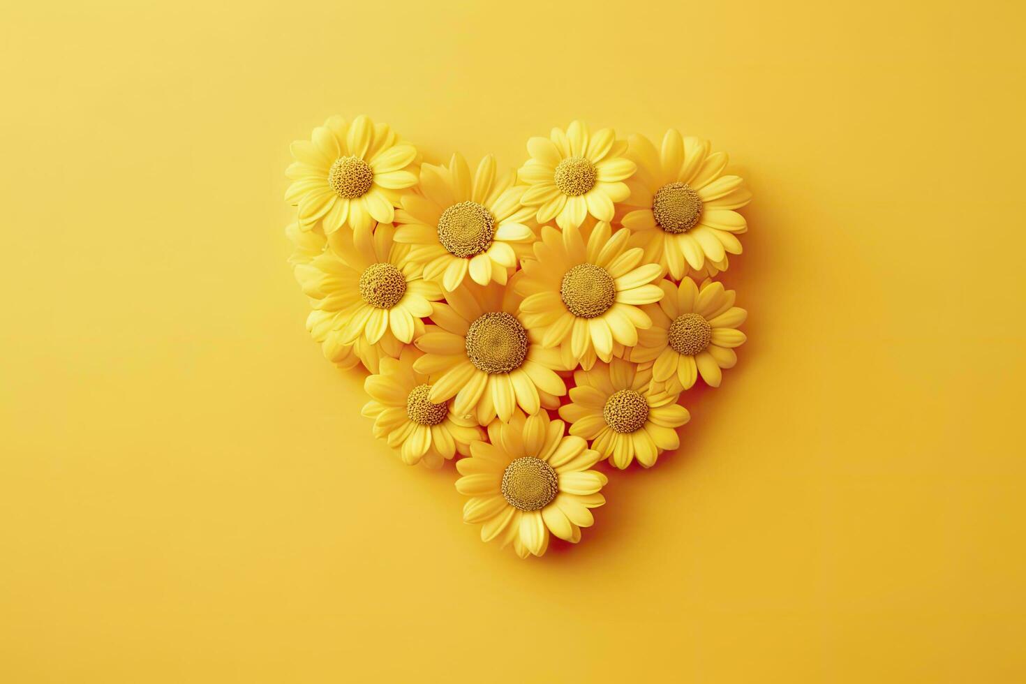 AI generated Yellow Heart Shaped By Yellow Daisies Over Yellow Background. AI Generated photo
