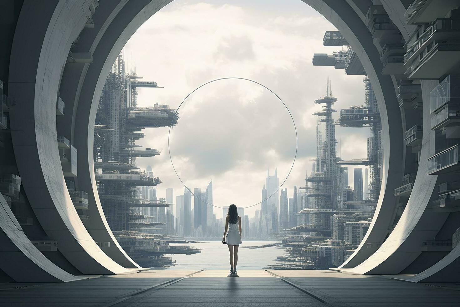 AI generated Woman walking in futuristic brutalist city street.  AI Generated. photo