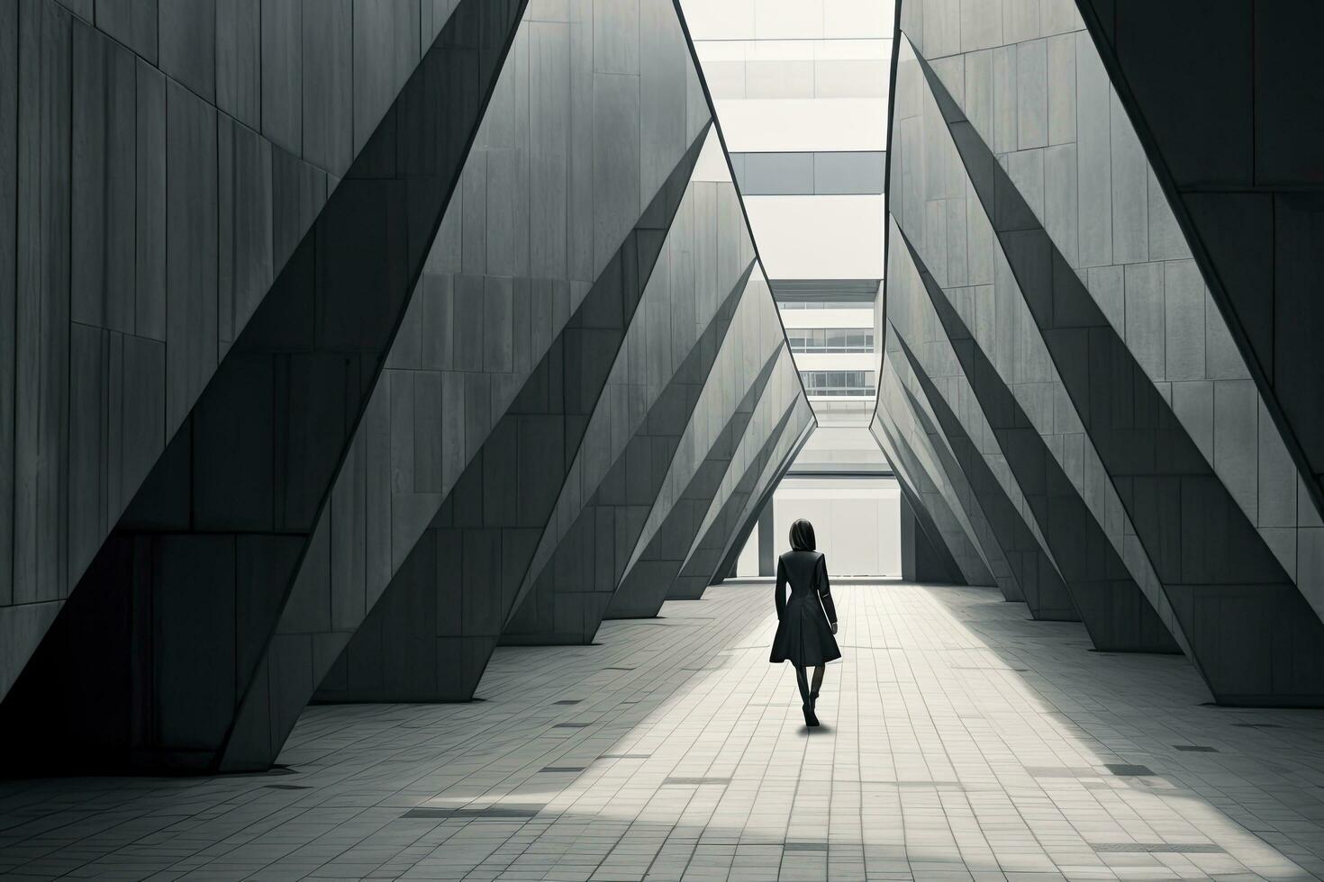 AI generated Woman walking in futuristic brutalist city street.  AI Generated. photo