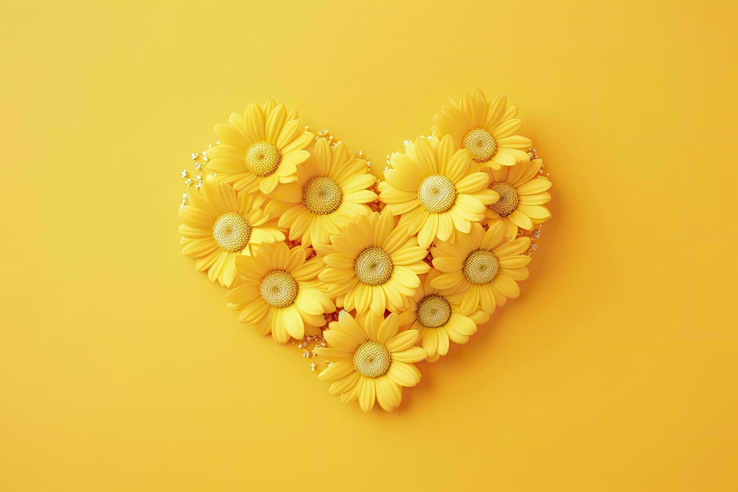 AI generated Yellow Heart Shaped By Yellow Daisies Over Yellow Background. AI Generated photo