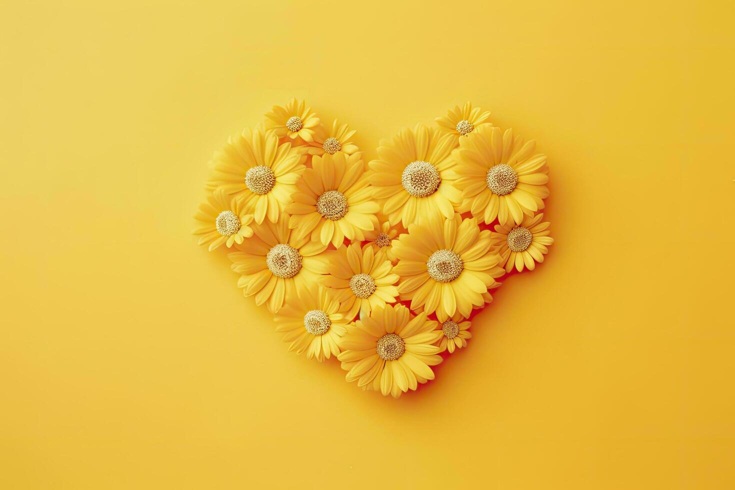AI generated Yellow Heart Shaped By Yellow Daisies Over Yellow Background. AI Generated photo