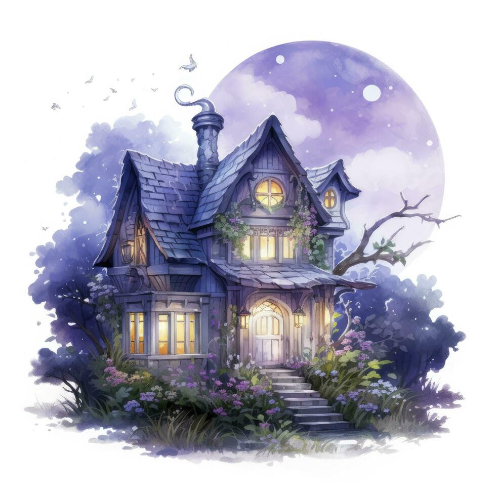 AI generated Moonlight dark themed night elf fairytale fantasy fairy house. AI Generated photo