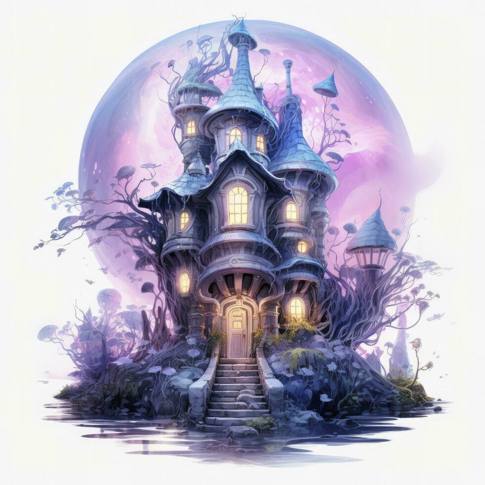 AI generated Moonlight dark themed night elf fairytale fantasy fairy house. AI Generated photo