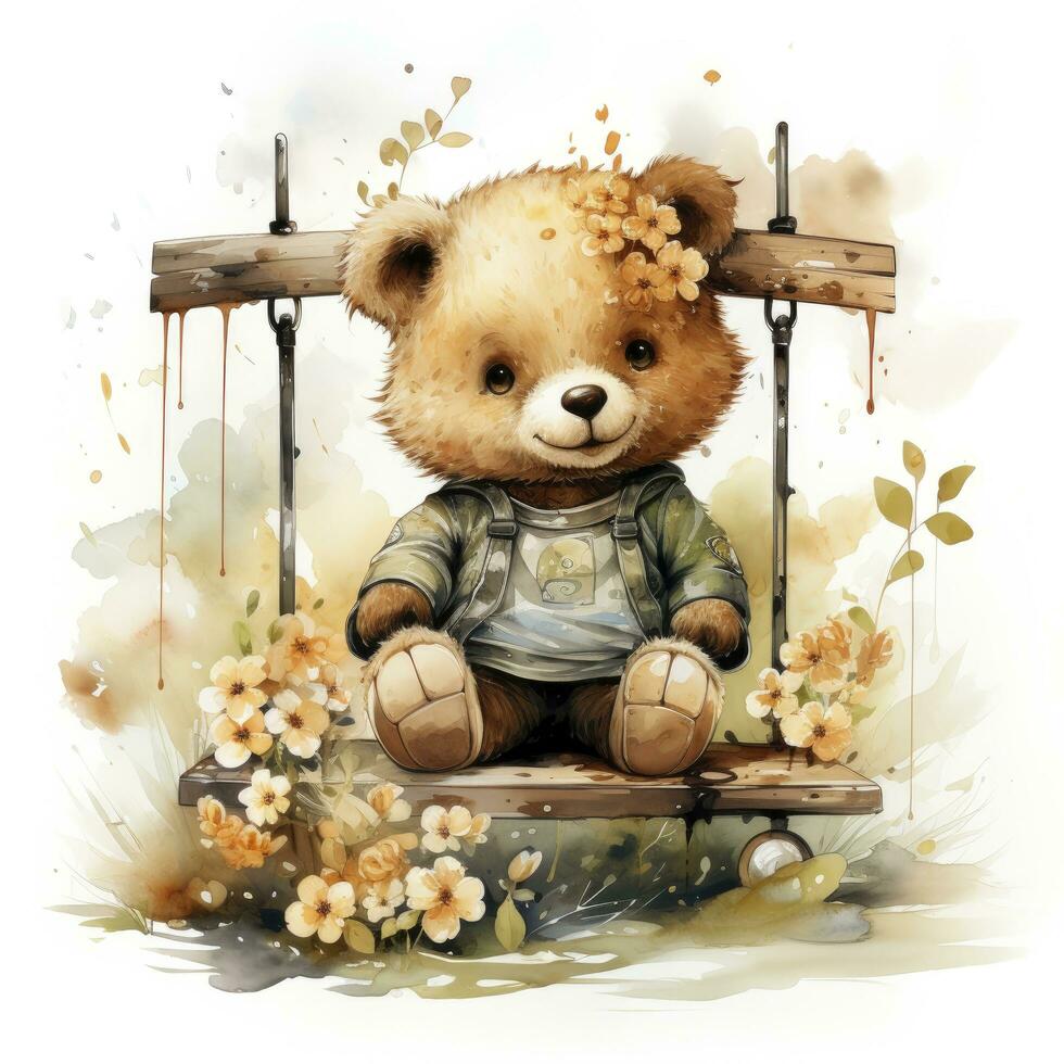 AI generated A cute happy teddy bear swings on a tree on a white background. AI Generated photo