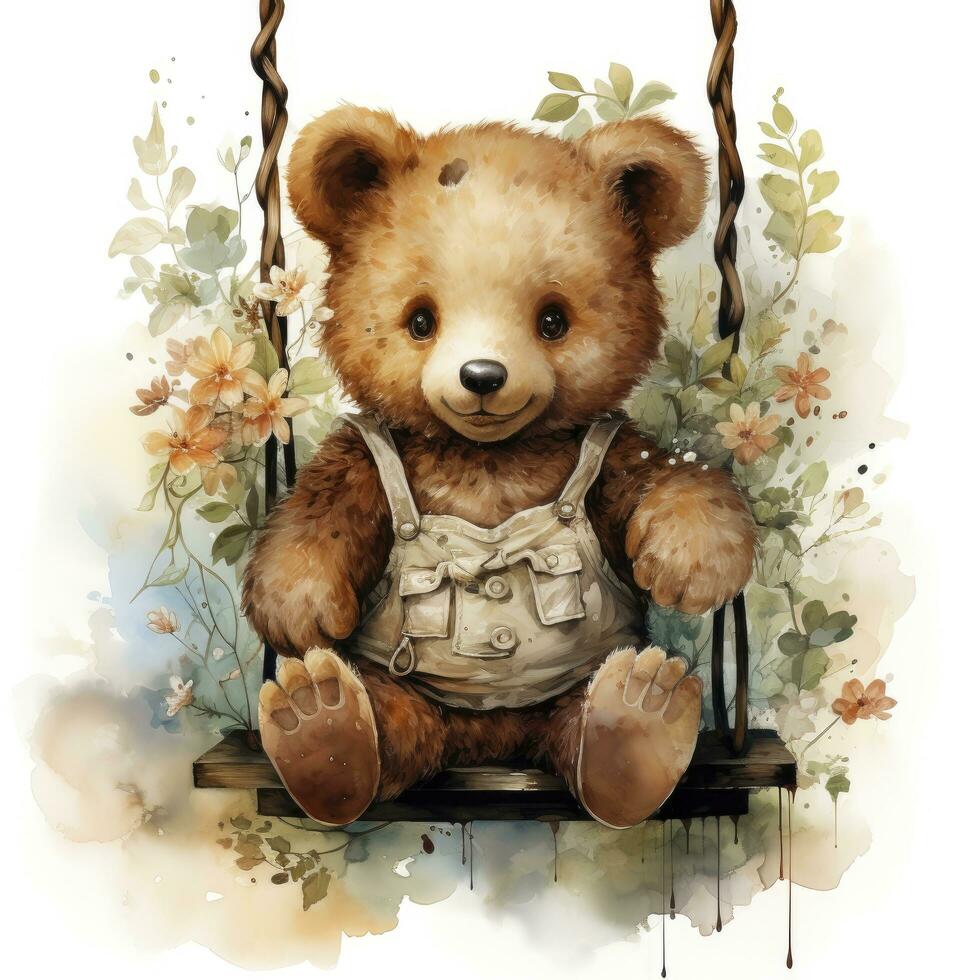 AI generated A cute happy teddy bear swings on a tree on a white background. AI Generated photo