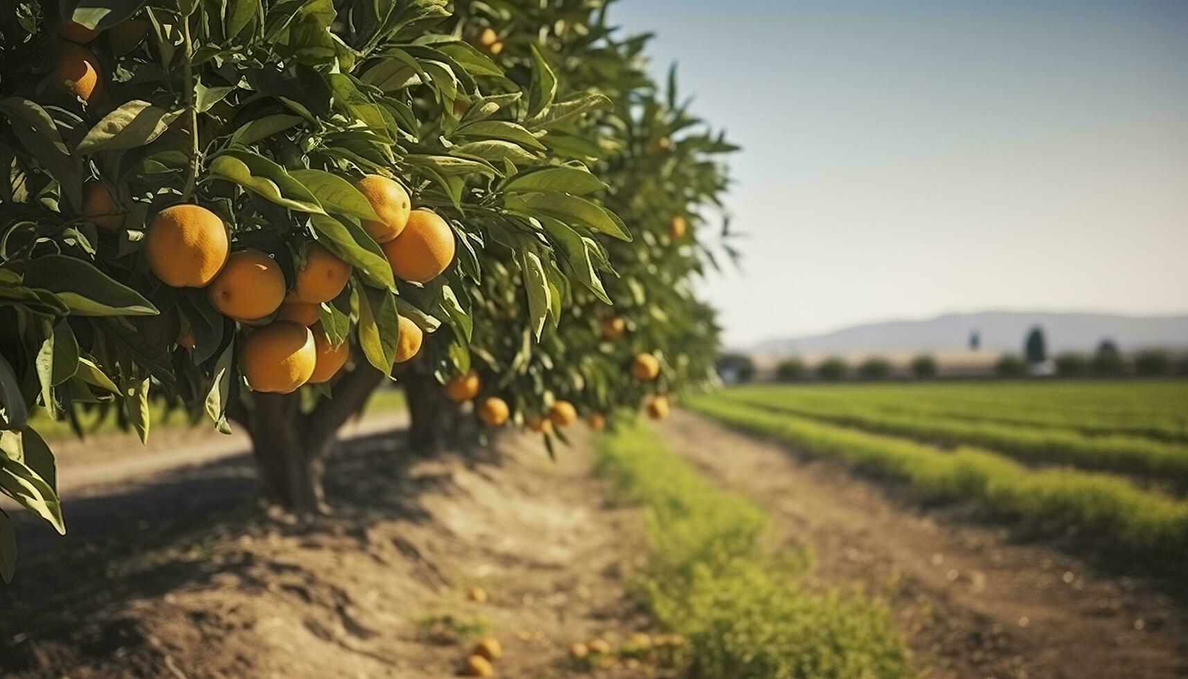 AI generated An orange tree is in the foreground with a farm field background. Generative AI photo