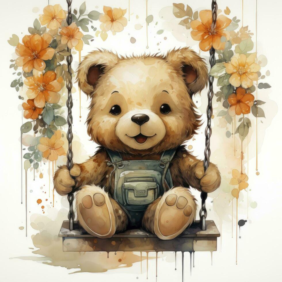 AI generated A cute happy teddy bear swings on a tree on a white background. AI Generated photo