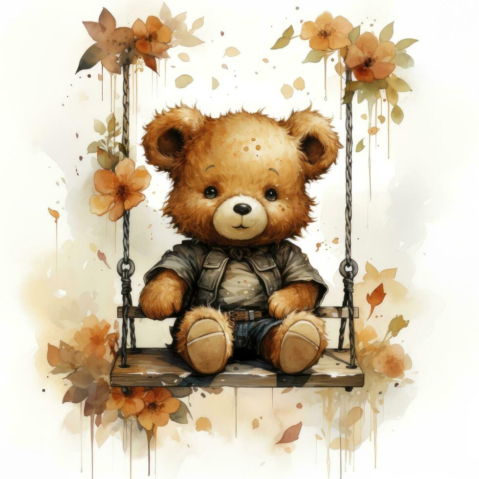 AI generated A cute happy teddy bear swings on a tree on a white background. AI Generated photo