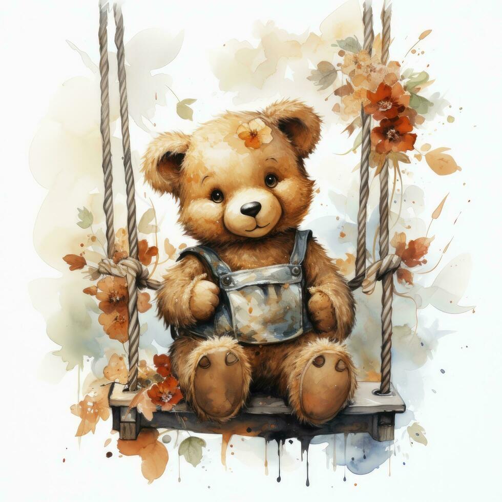 AI generated A cute happy teddy bear swings on a tree on a white background. AI Generated photo