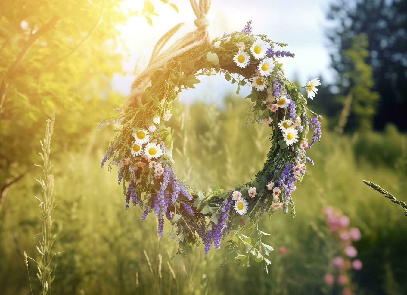 AI generated Rustic wildflowers wreath on a sunny meadow. Summer Solstice Day, Midsummer concept. Generative AI photo