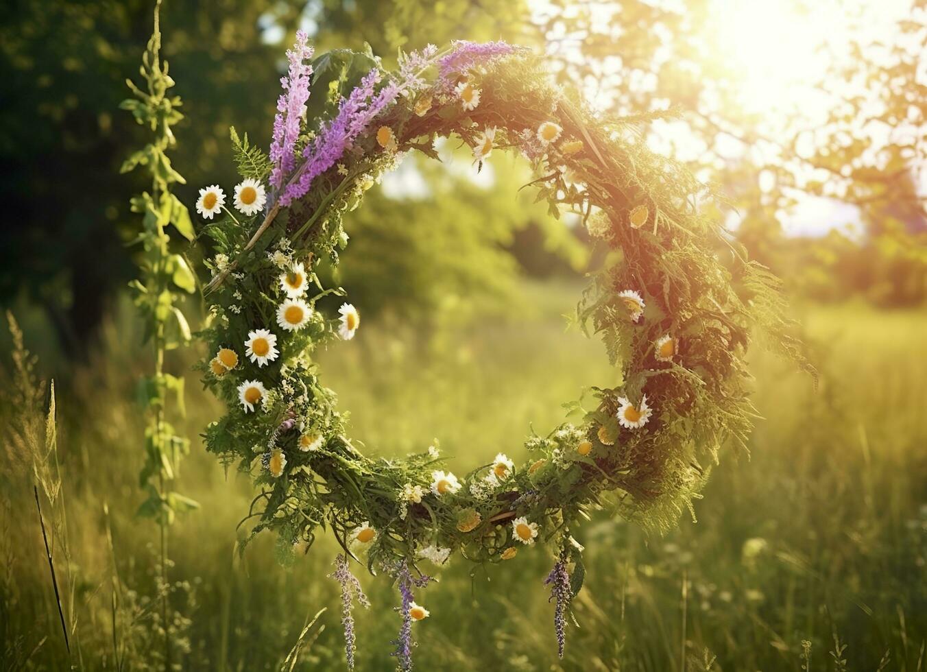 AI generated Rustic wildflowers wreath on a sunny meadow. Summer Solstice Day, Midsummer concept. Generative AI photo