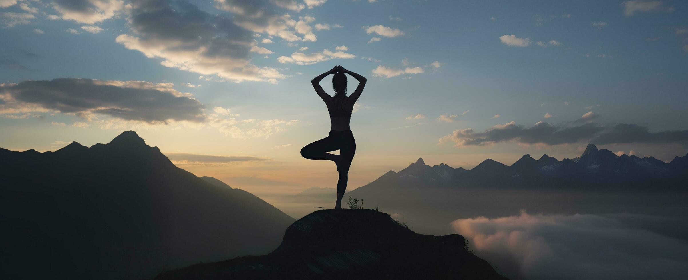 AI generated silhouette of a woman practicing yoga in the summit with mountain Background. AI Generated photo