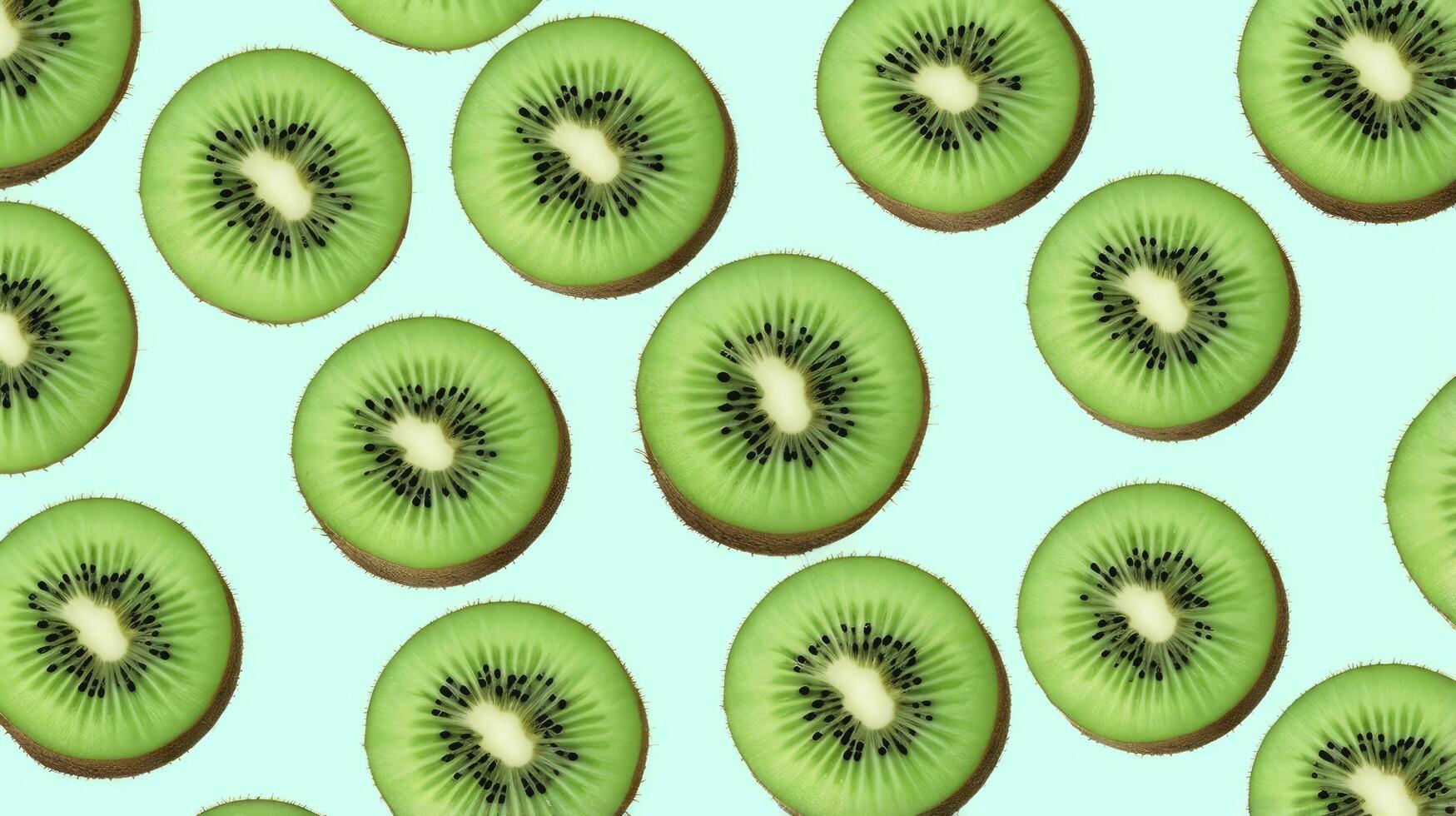 AI generated Slices of kiwi fruit and green mint leaves on a light pastel blue background. AI Generated photo