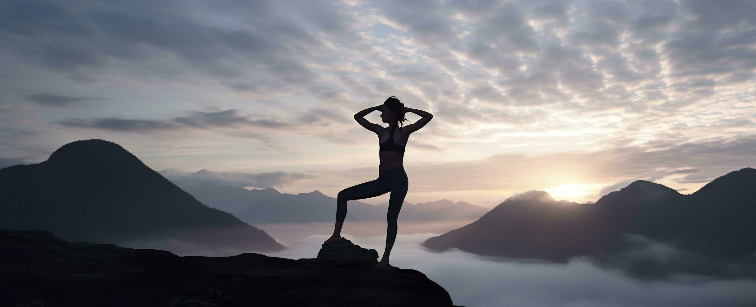AI generated silhouette of a woman practicing yoga in the summit with mountain Background. AI Generated photo
