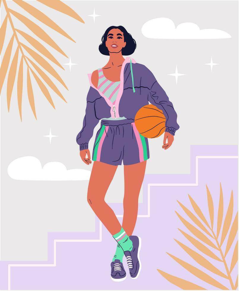 joven hembra en de moda ropa de deporte y con un pelota para baloncesto. miedoso niña lleno altura ilustración en un resumen antecedentes. vector