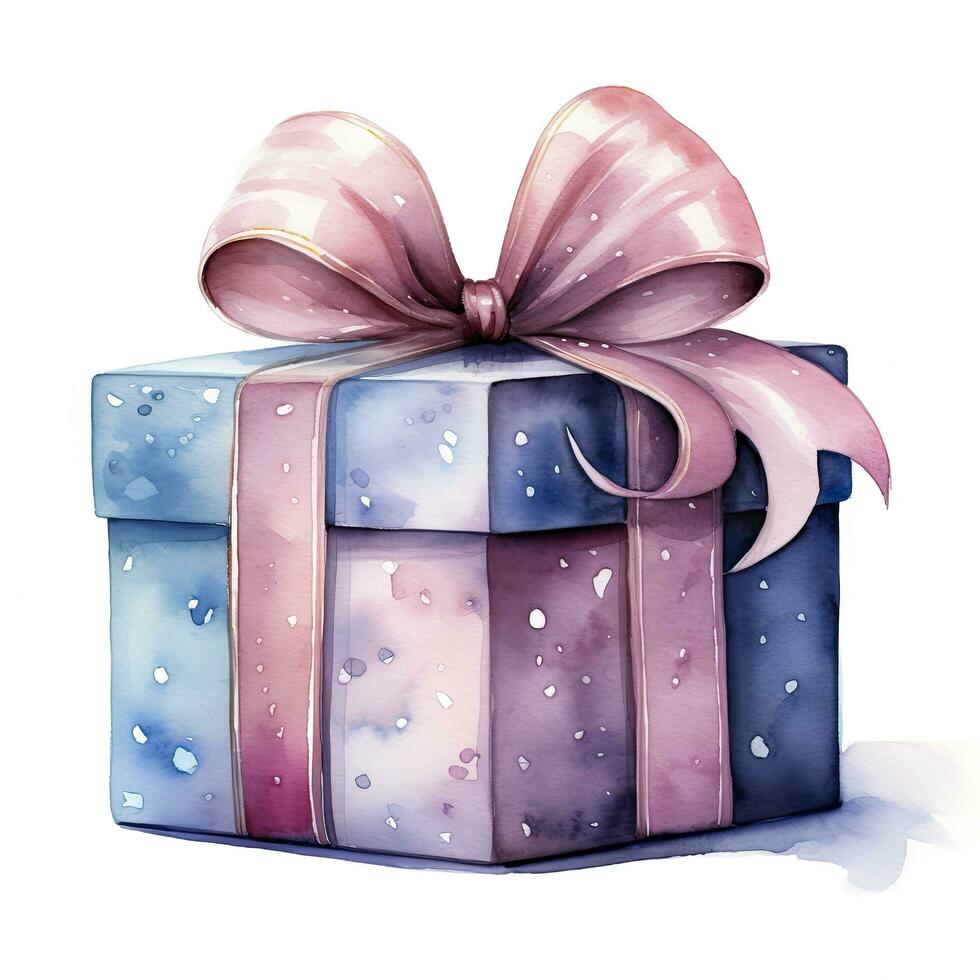 AI generated Watercolor birthday present with bow isolated on white background.  AI Generated photo