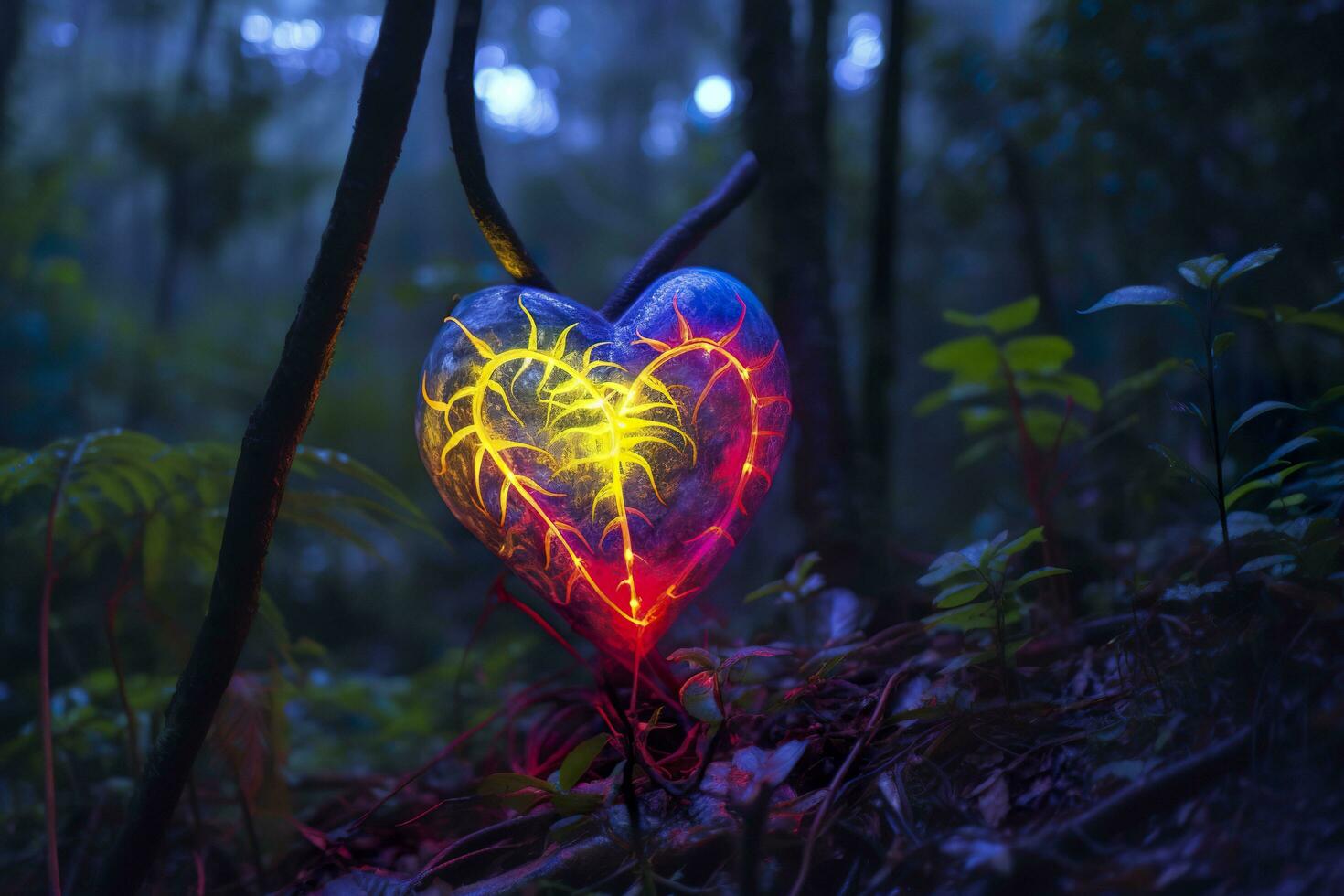 AI generated Glowing bioluminescent plant shaped like a human heart, in a mysterious forest. Generative AI photo