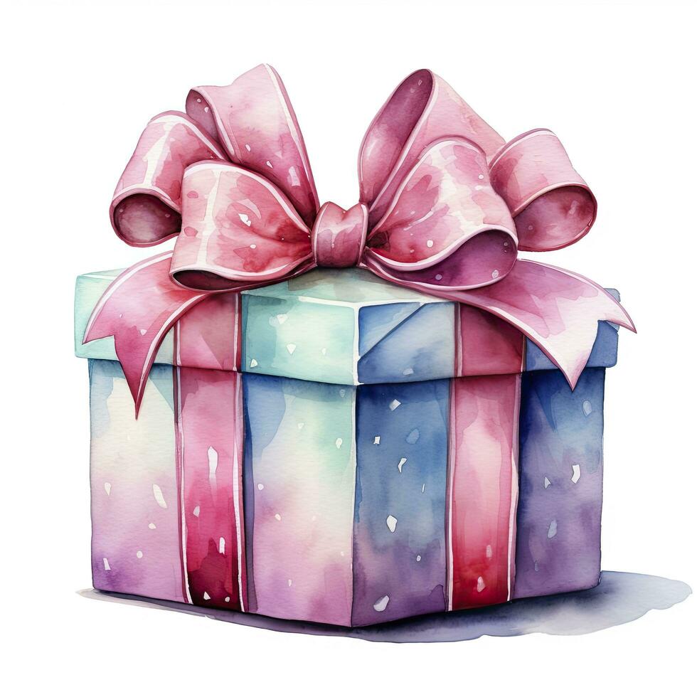 AI generated Watercolor birthday present with bow isolated on white background.  AI Generated photo