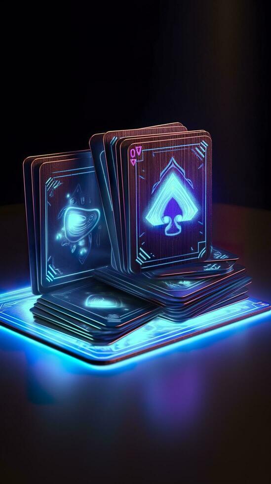 AI generated Some playing cards with glowing neon designs on a tablet. Generative AI photo