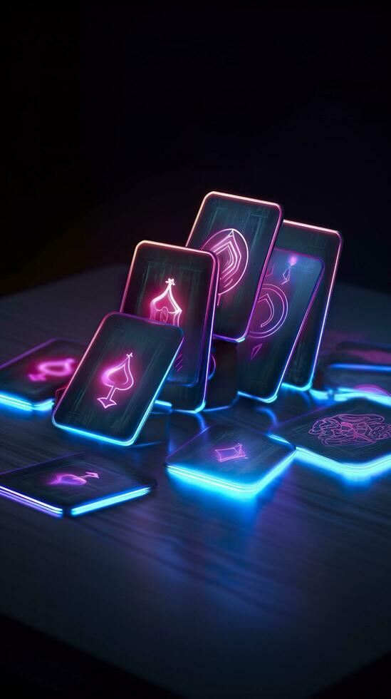 AI generated Some playing cards with glowing neon designs on a tablet. Generative AI photo
