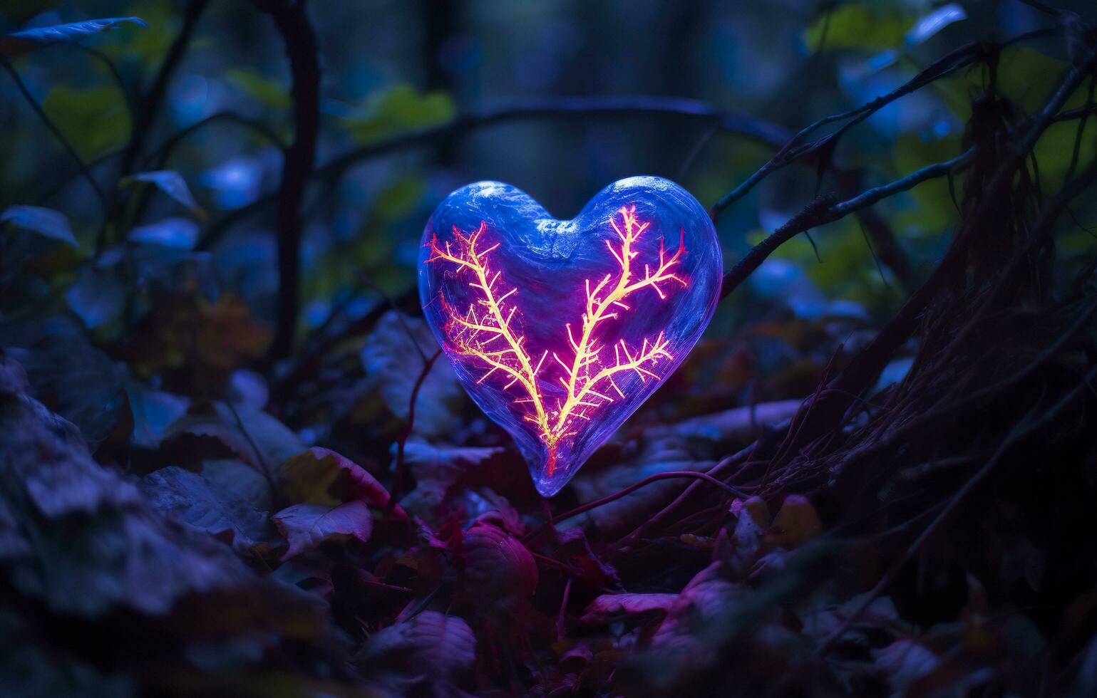 AI generated Glowing bioluminescent plant shaped like a human heart, in a mysterious forest. Generative AI photo