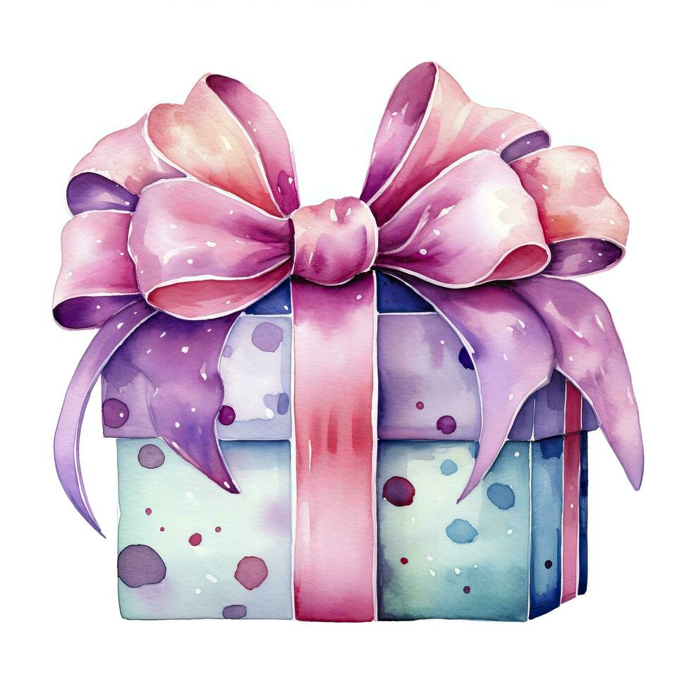 AI generated Watercolor birthday present with bow isolated on white background.  AI Generated photo