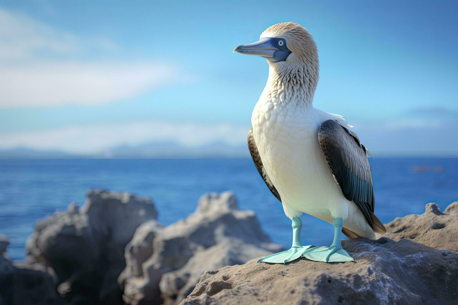 AI generated The rare blue-footed booby rests on the beach. AI Generated photo