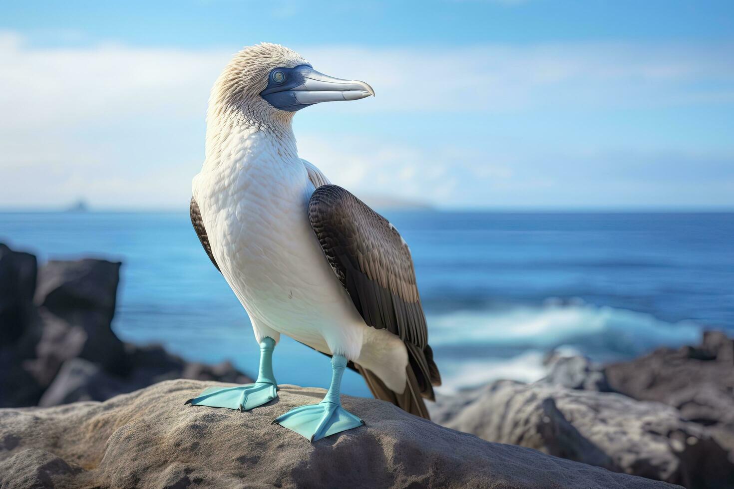 AI generated The rare blue-footed booby rests on the beach. AI Generated photo