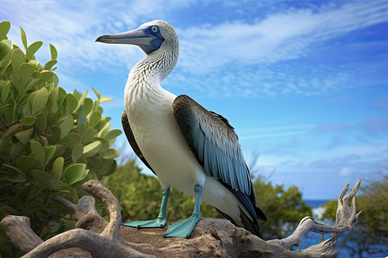 AI generated The rare blue-footed booby rests on the beach. AI Generated photo